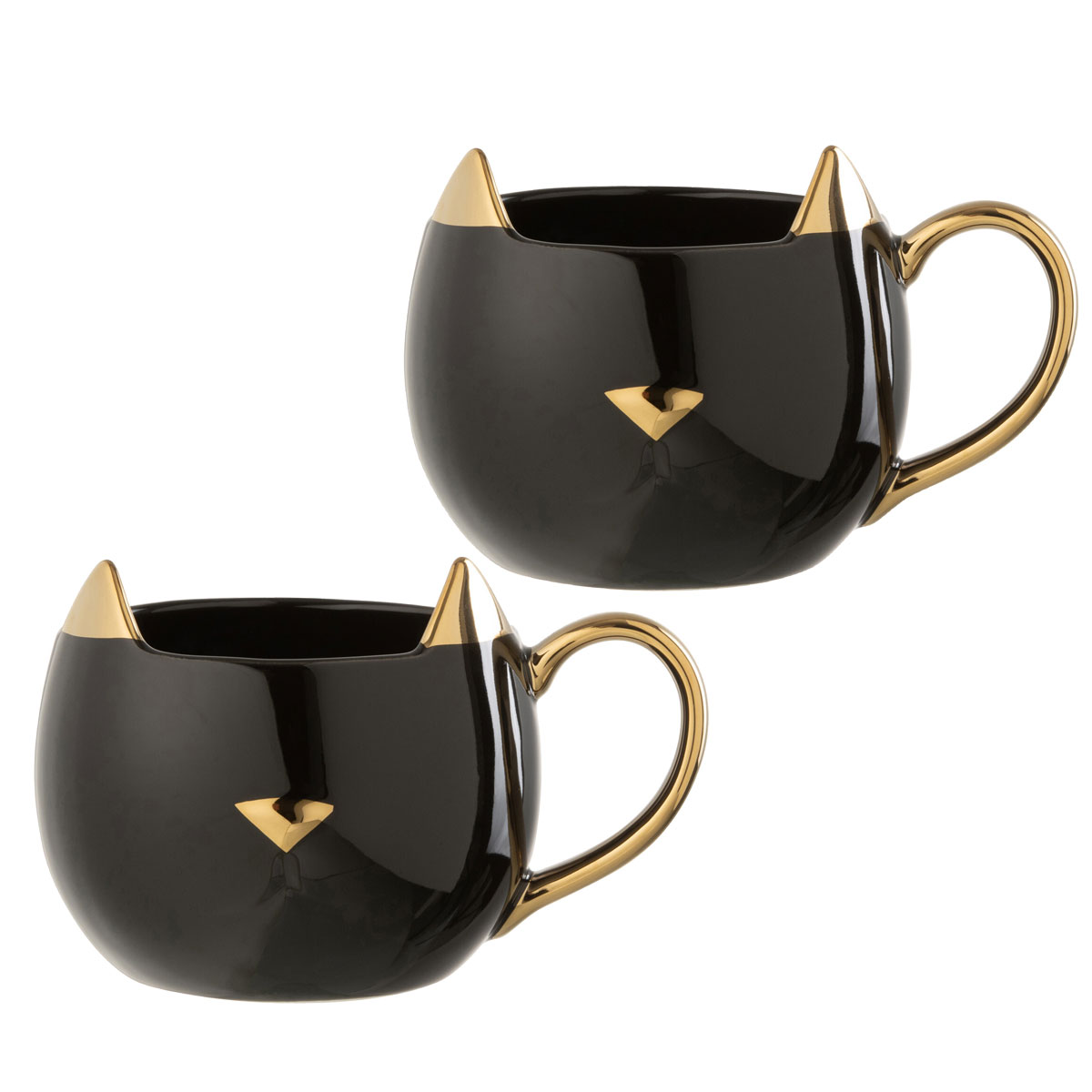 Set of 2 black and gold porcelain cat mugs
