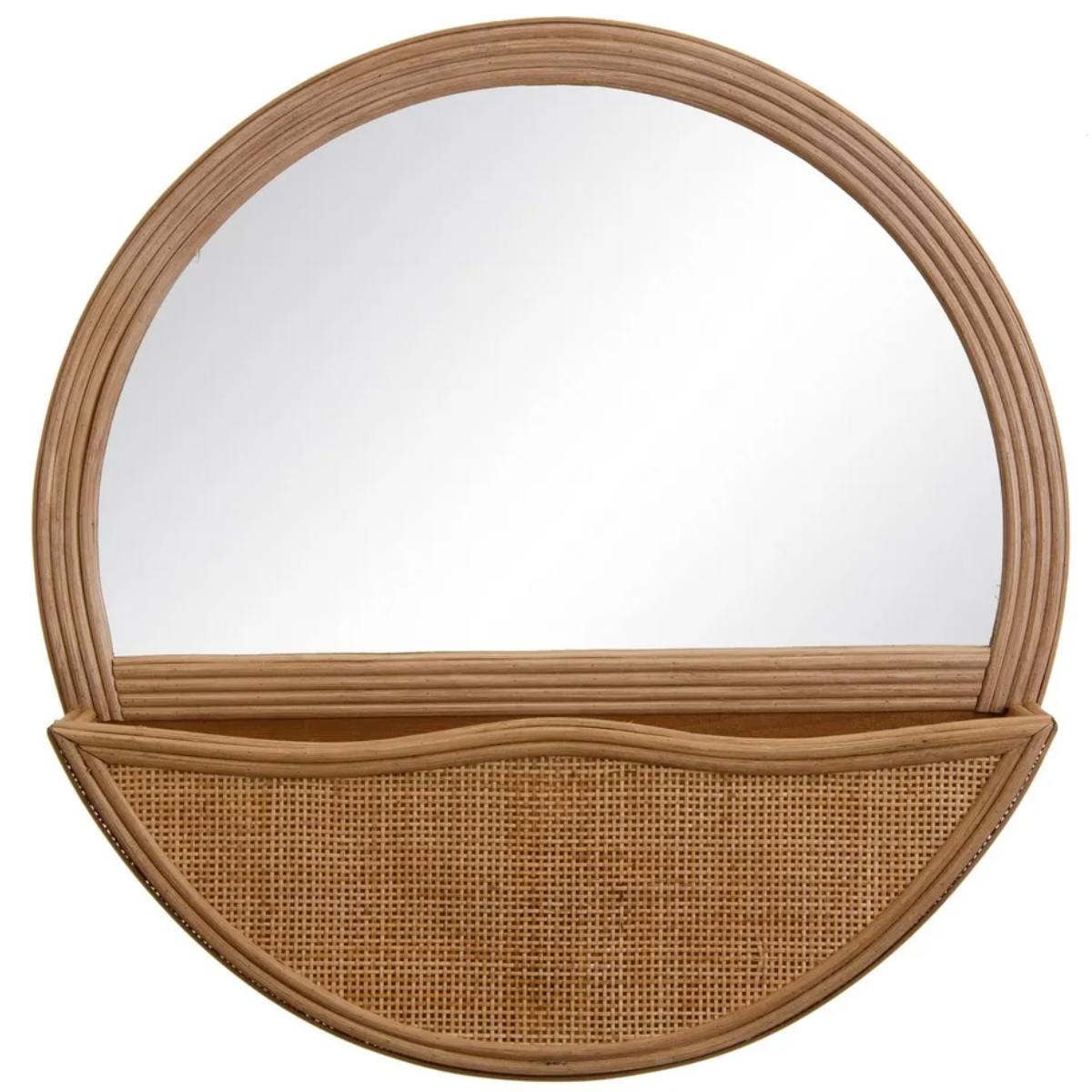 Large round mirror with rattan storage