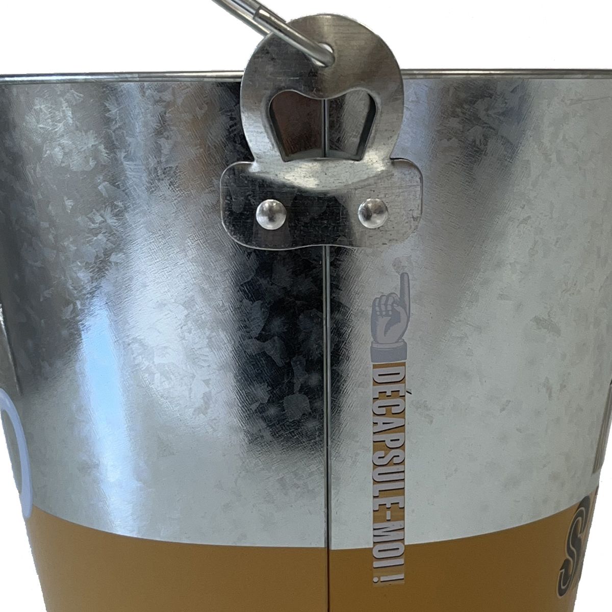 Metal beer bucket in zinc look with integrated bottle opener