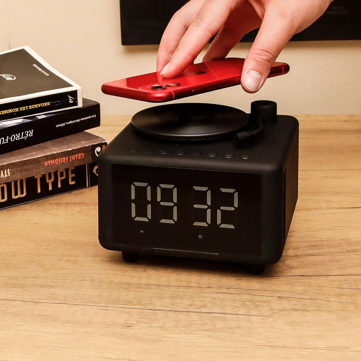 Black record player speaker alarm clock