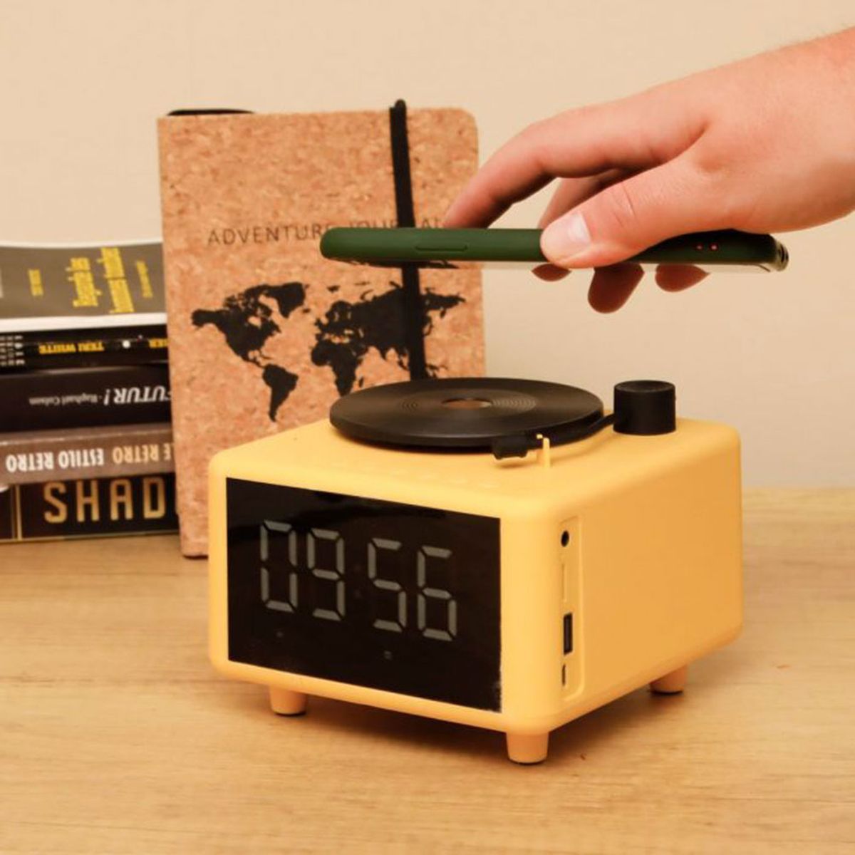 Yellow record player speaker alarm clock