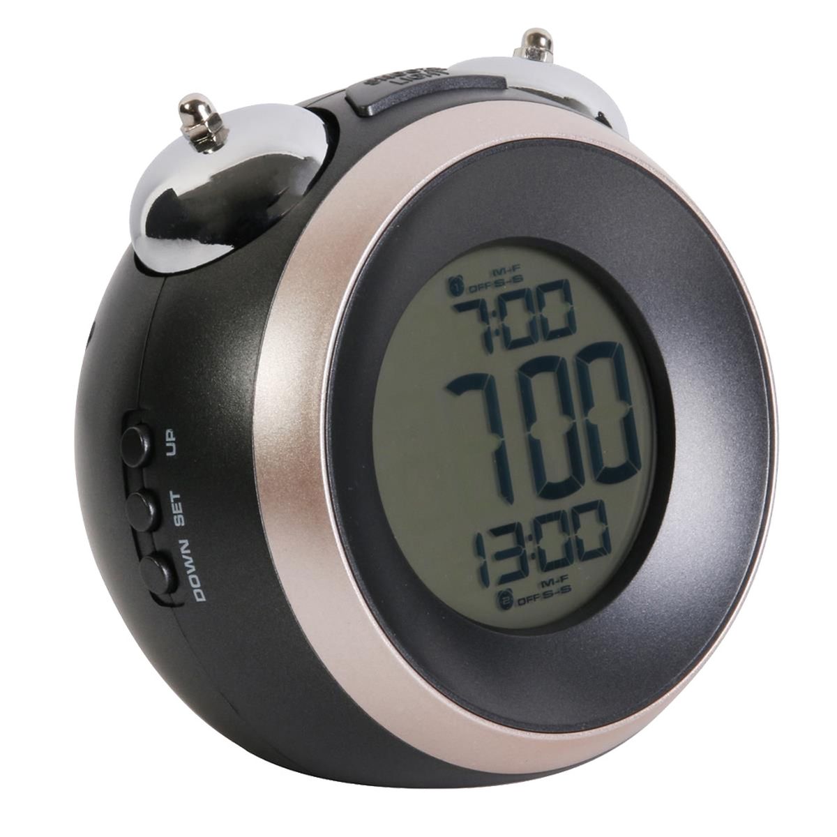 Small round grey alarm clock