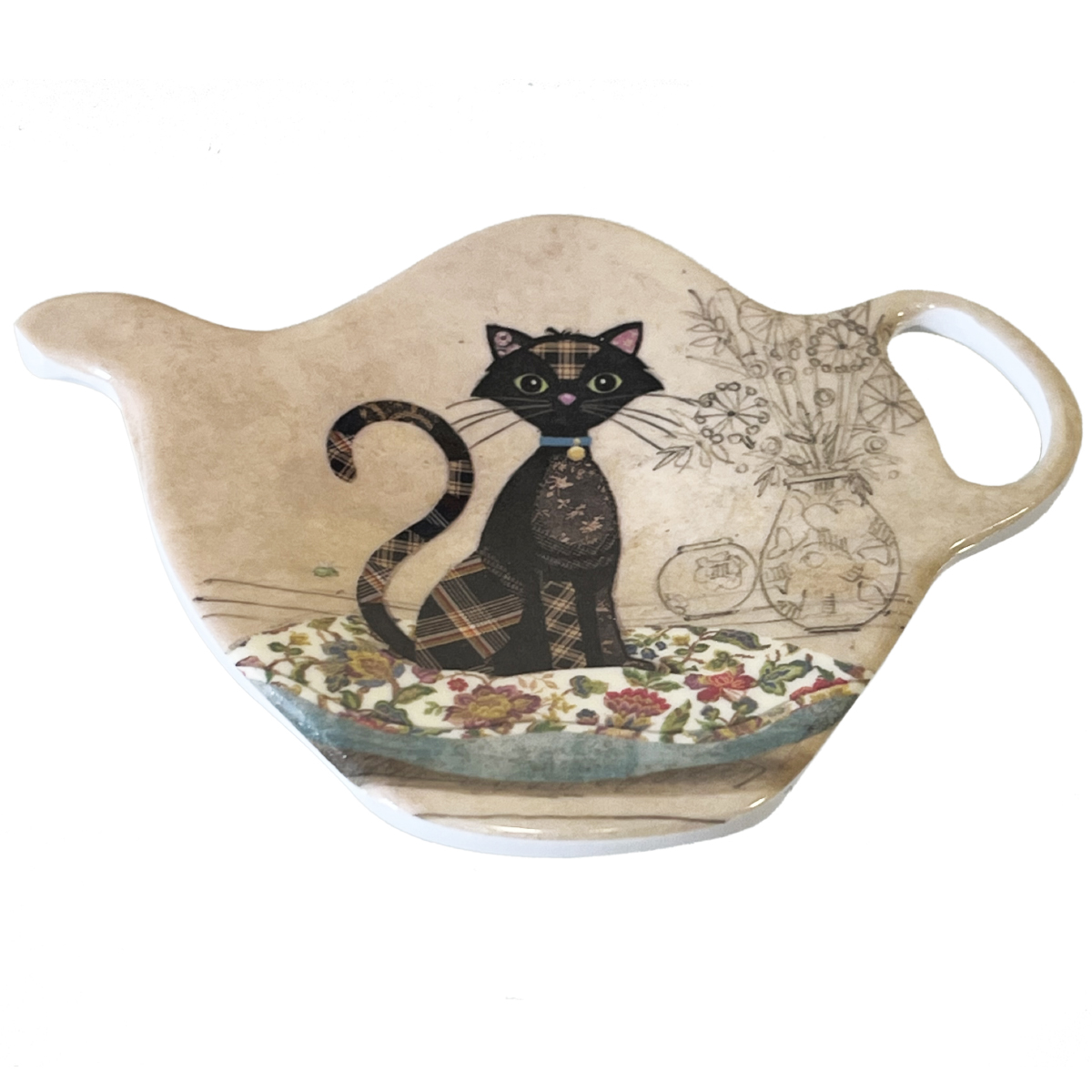 Cat on floral cushion saucer for tea bag