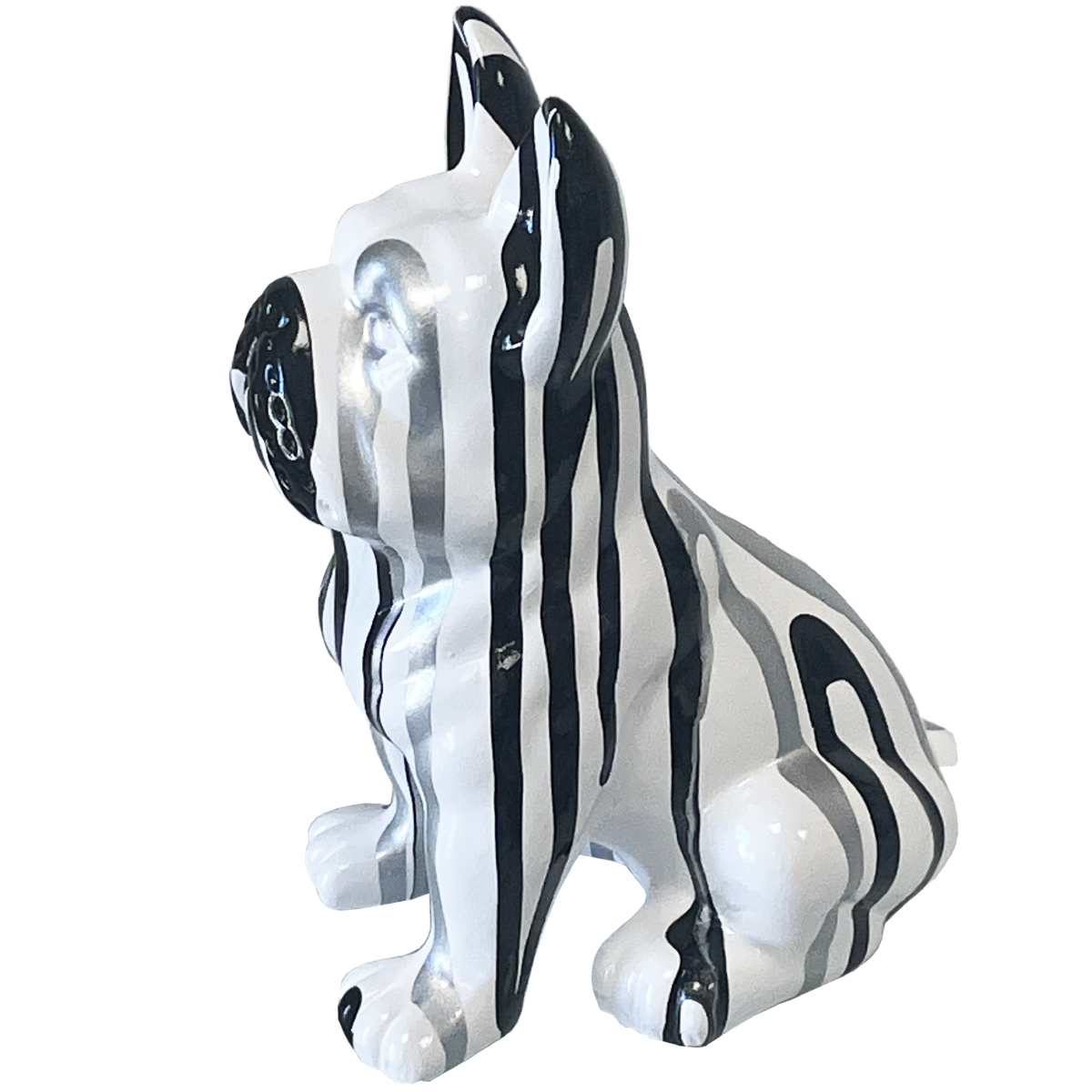 French bulldog ceramic statue sitting white - black and silver