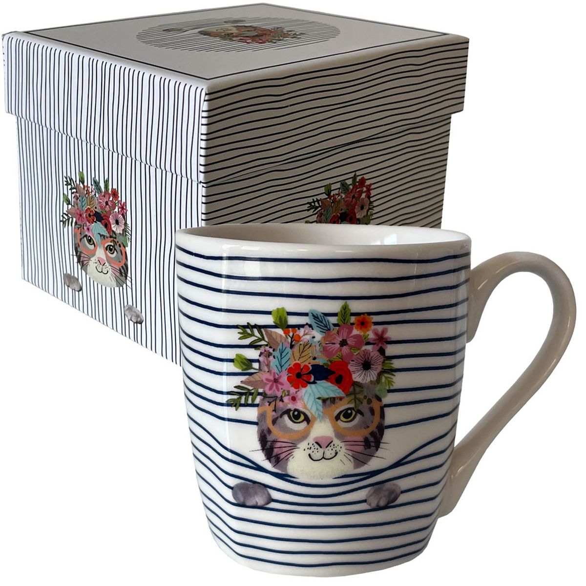 White ceramic striped cat mug in gift box
