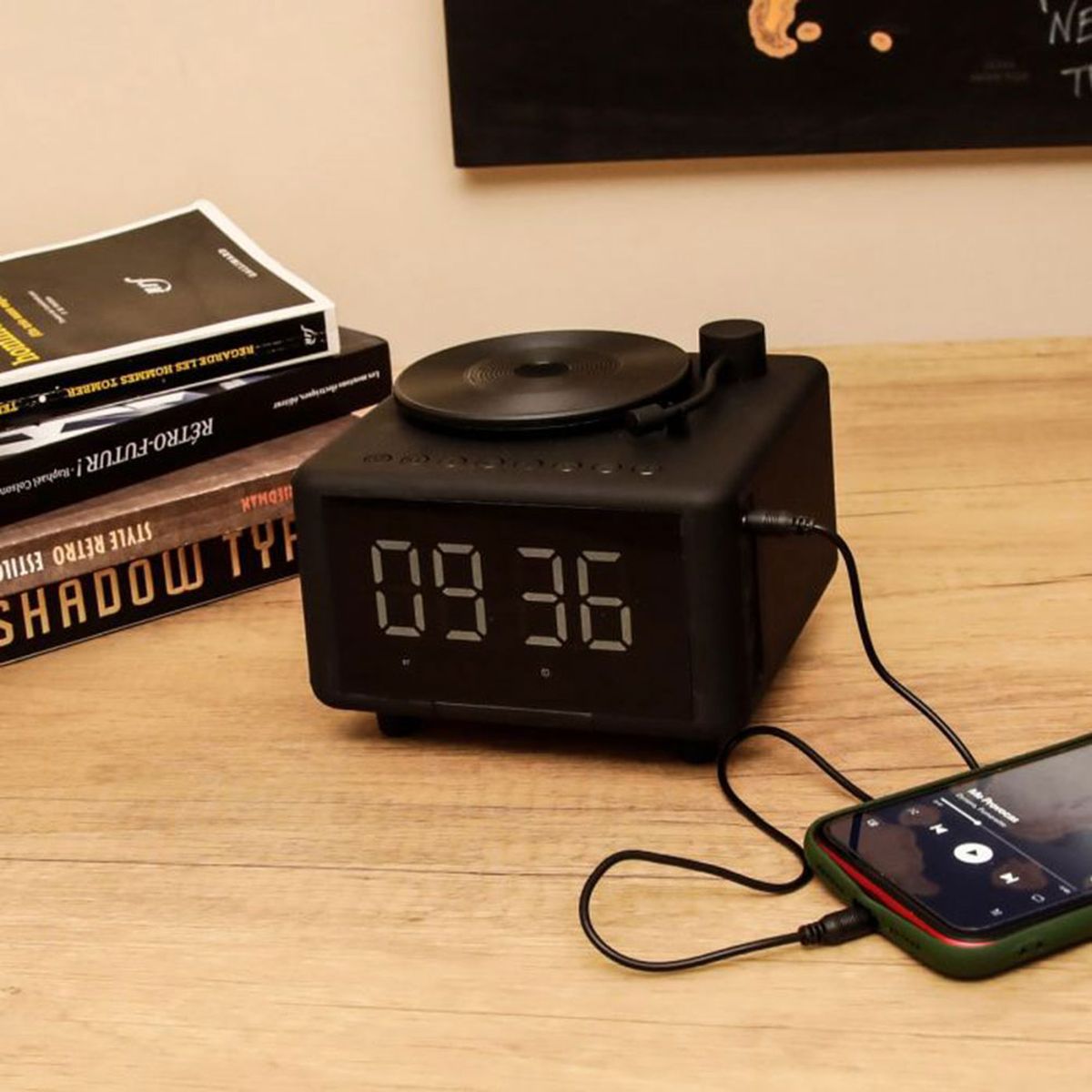 Black record player speaker alarm clock