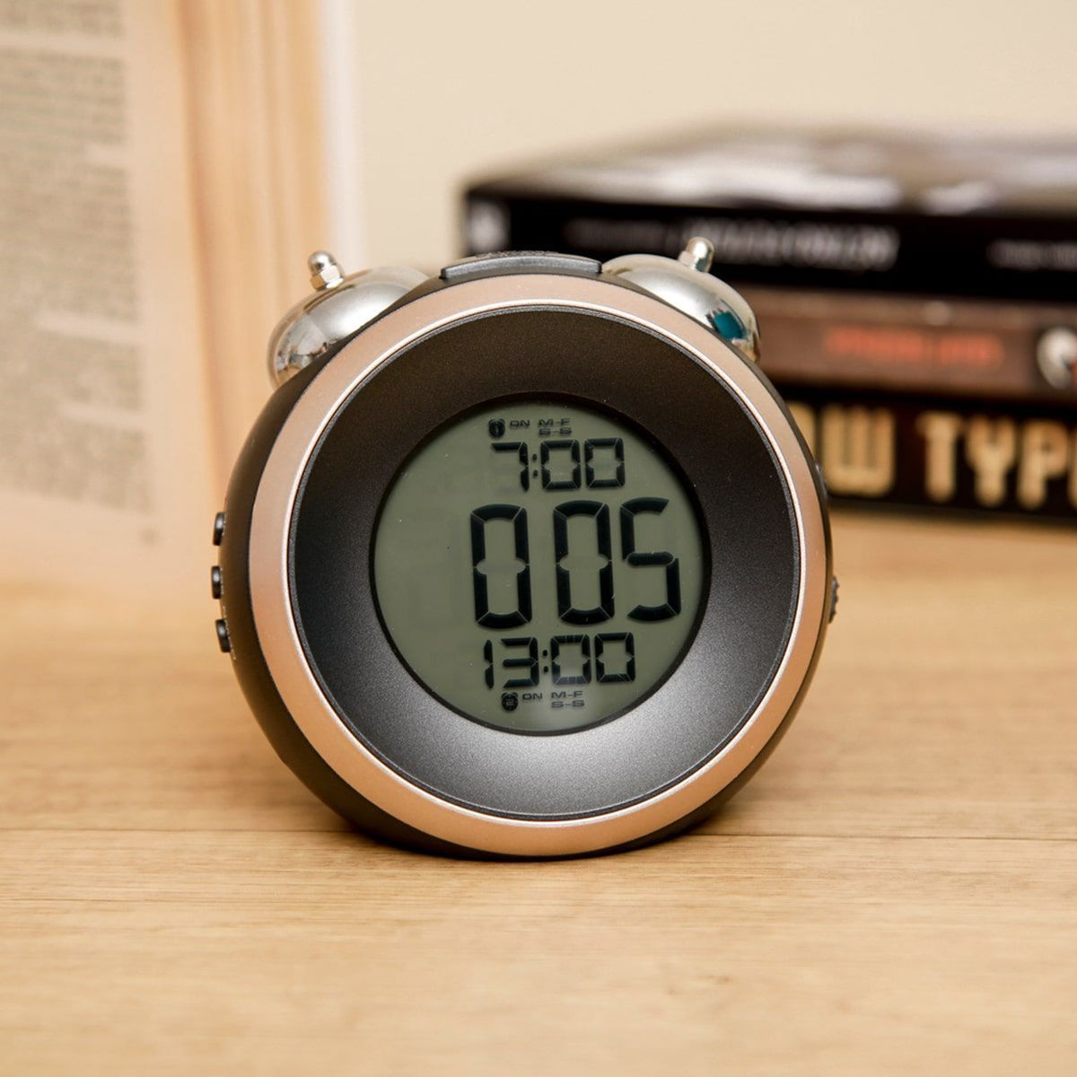 Small round grey alarm clock