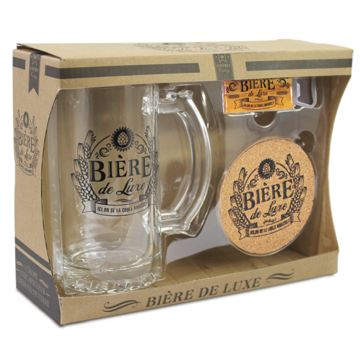 Beer glass, coaster and bottle opener box