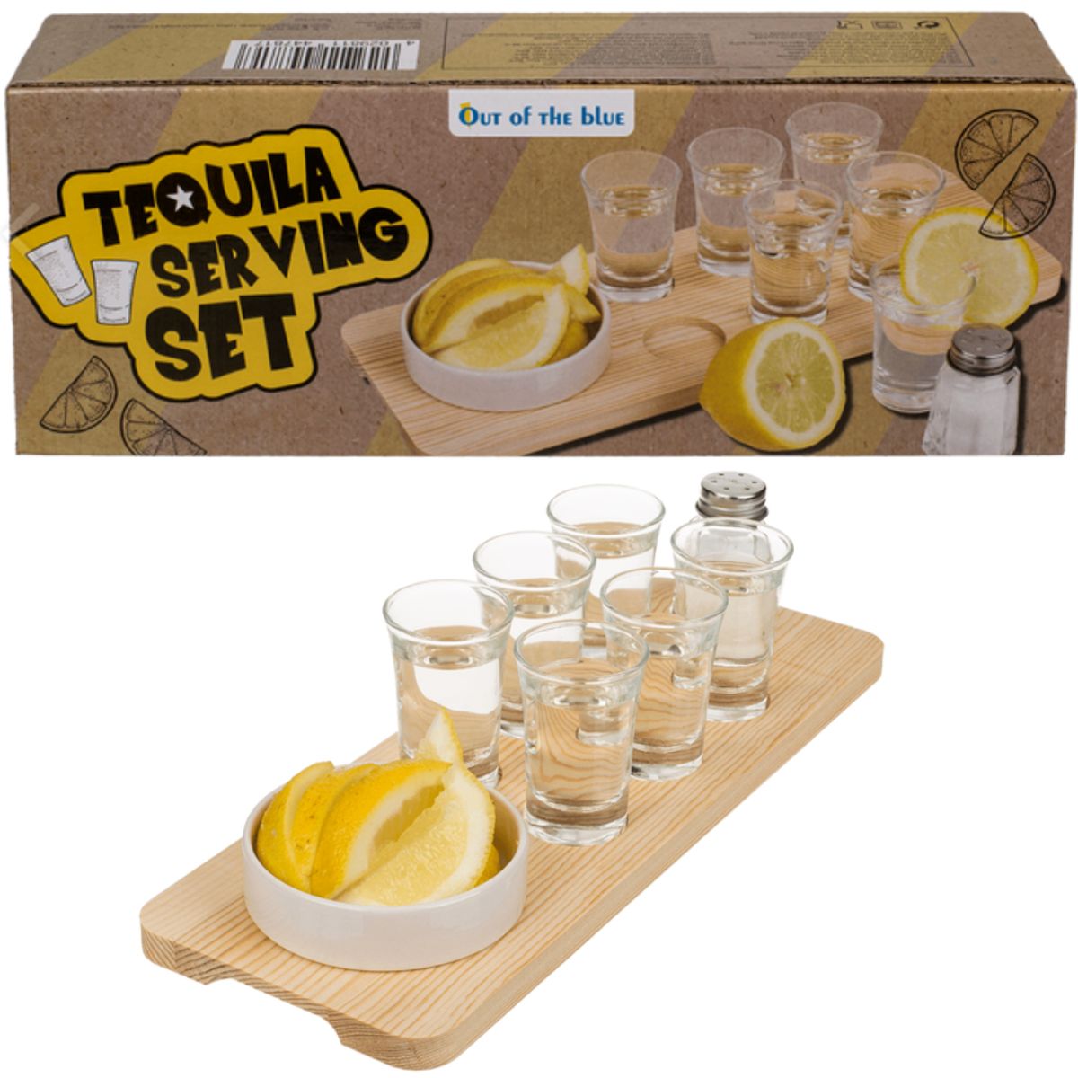 Tequila set on wooden board