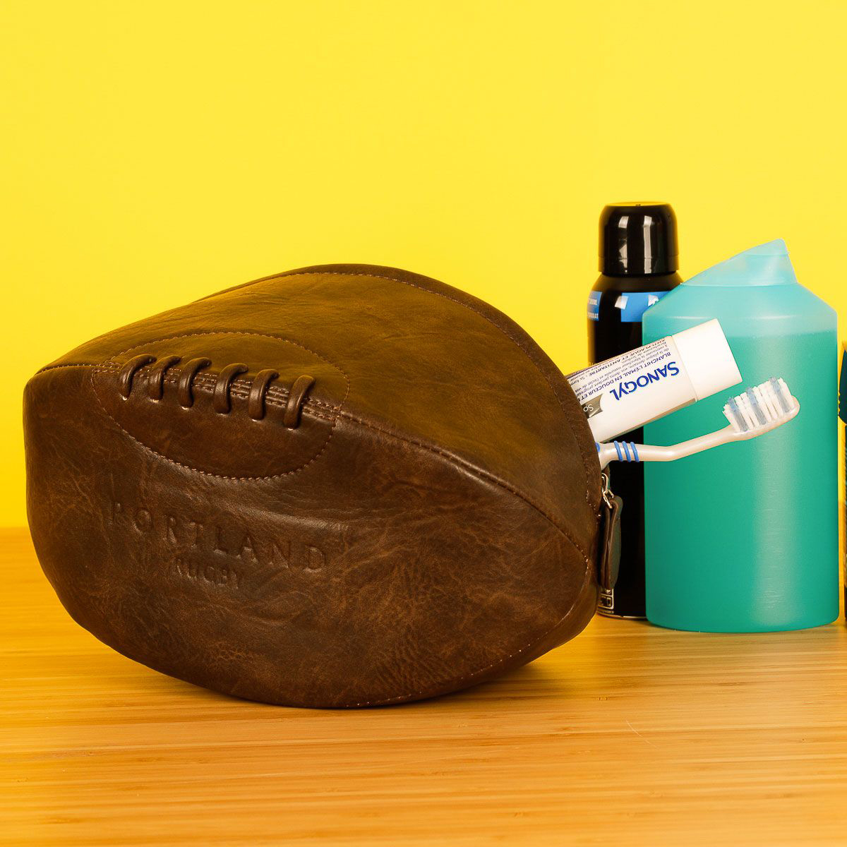 Retro rugby ball toiletry bag