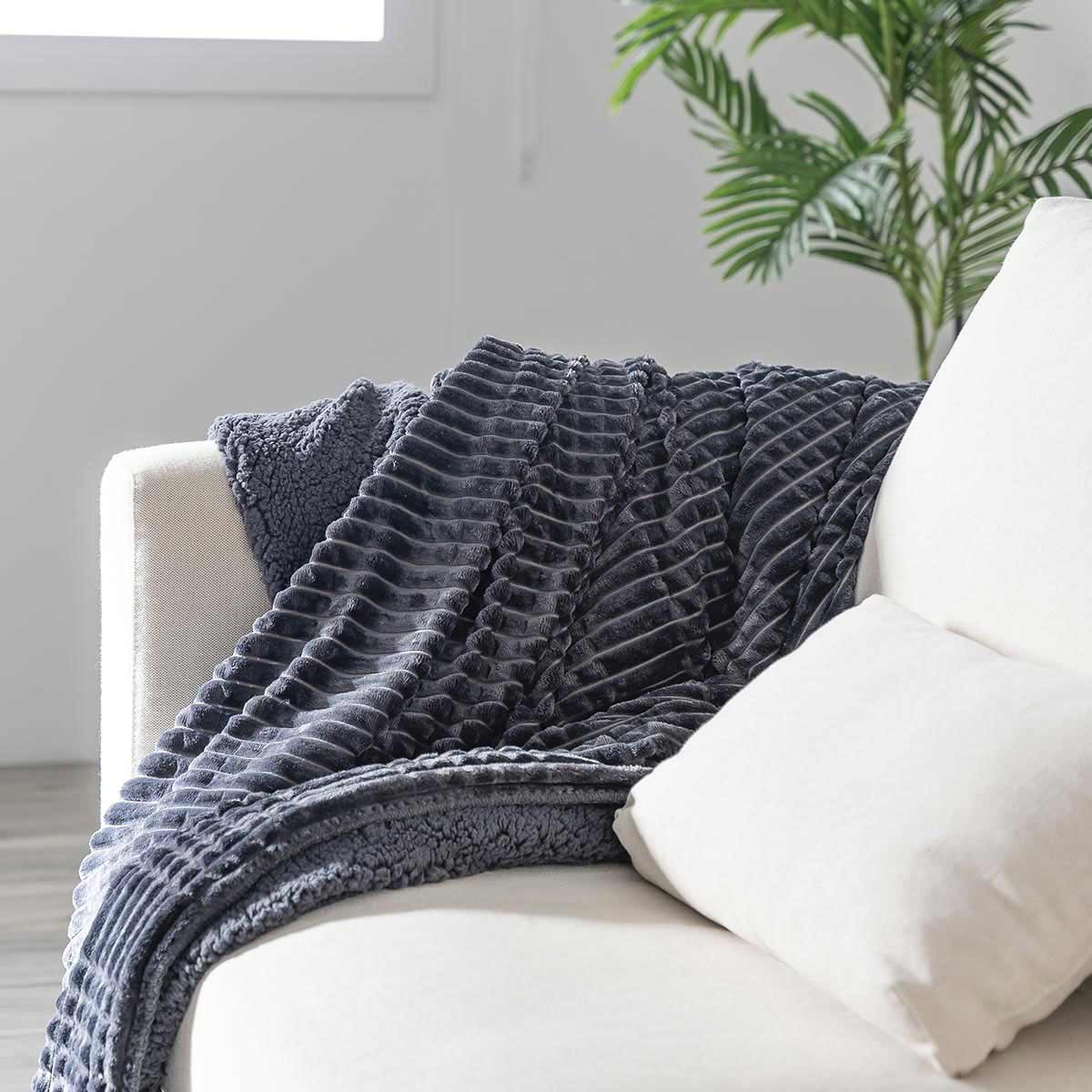 Grey Sherpa Ribbed Flannel Bed or Sofa Top