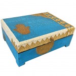 Wooden box Hand of Fatima wood blue aged and brass 25.5 cm