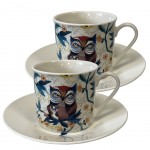Set of 2 mugs and saucers Les Chouettes by Michelle Allen