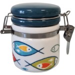 Small airtight ceramic salt pot with wooden spoon