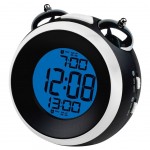 Small round black and white alarm clock