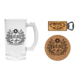 Beer glass, coaster and bottle opener box