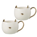 Set of 2 white and gold porcelain cat mugs