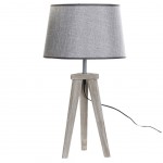 Patinated wooden lamp with grey linen shade