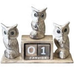 Beige Wooden Perpetual Calendar with 3 Owls