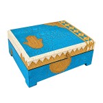 Wooden box Hand of Fatima wood blue aged and brass 25.5 cm