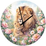 Glass Wall Clock Lion and Cub with Flowers � 29 cm