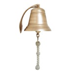Wall mounted aged gold brass bell with rope � Height 32 cm
