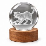 3D Playing Cat LED Night Light, Glass Sphere and Wooden Base