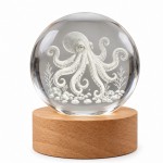 3D Octopus LED Night Light, Glass Sphere with Wooden Base