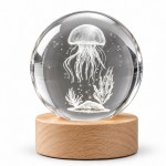 3D Jellyfish LED Night Light, Glass Sphere with Wooden Base