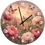 Pink Peony and Butterfly Glass Wall Clock 29 cm