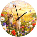 Glass Wall Clock 29 cm Kittens in a Wildflower Meadow