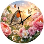Robin and Pink Peony Glass Wall Clock 29 cm