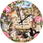 Cat glass wall clock 29 cm floral design and French quote