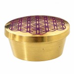 Small round brass trinket box gold with purple flower of life