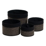 Set of 4 Round Bamboo and Black Fabric Storage Baskets