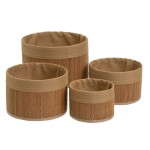 Set of 4 Round Bamboo and Brown Fabric Storage Baskets