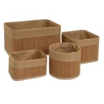 Set of 4 Bamboo and Brown Fabric Storage Baskets