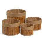 Set of 4 Round Bamboo and Brown Fabric Storage Baskets