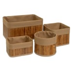 Set of 4 Round Bamboo and Brown Fabric Storage Baskets