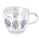 Double Wall Glass Tea Cup  Lavender and Butterflies