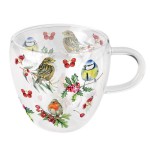Double Wall Glass Tea Cup  Winter Birds and Berries
