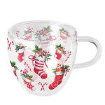 Double Wall Glass Tea Cup  Christmas Design