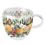 Double Wall Glass Tea Cup  Citrus and Christmas Foliage